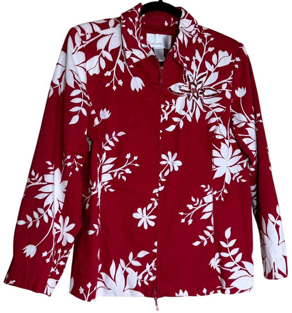 Red White Floral Beaded Zip Jacket XS Susan Graver